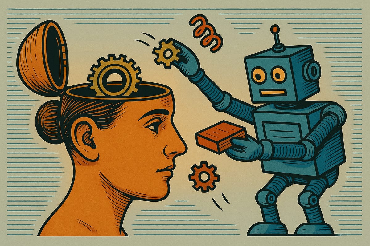 A robot opens a human head like a memory box. It removes gears and springs while putting in new ones.